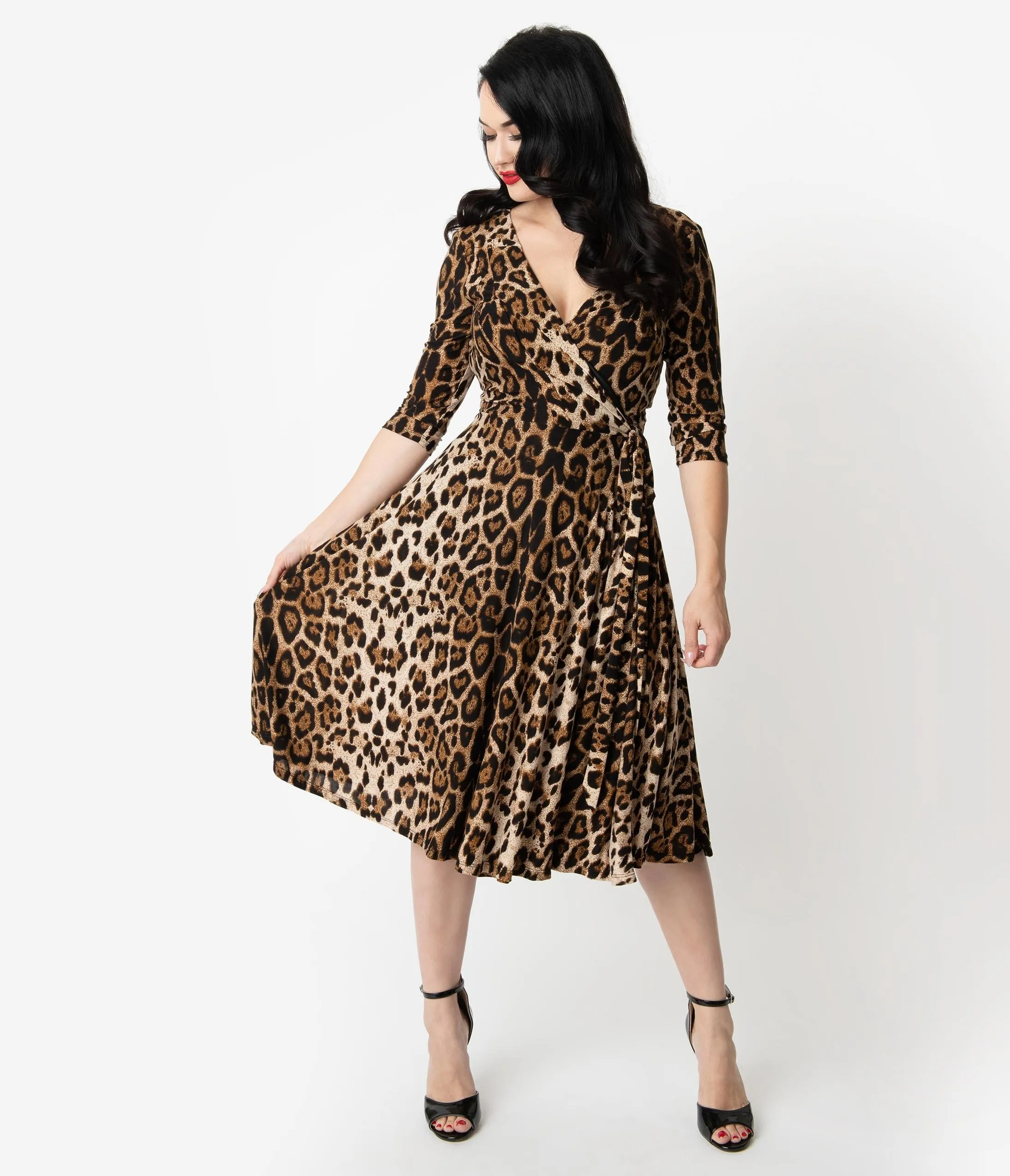 Unique Vintage Leopard Print Sleeved Kelsie Wrap Dress