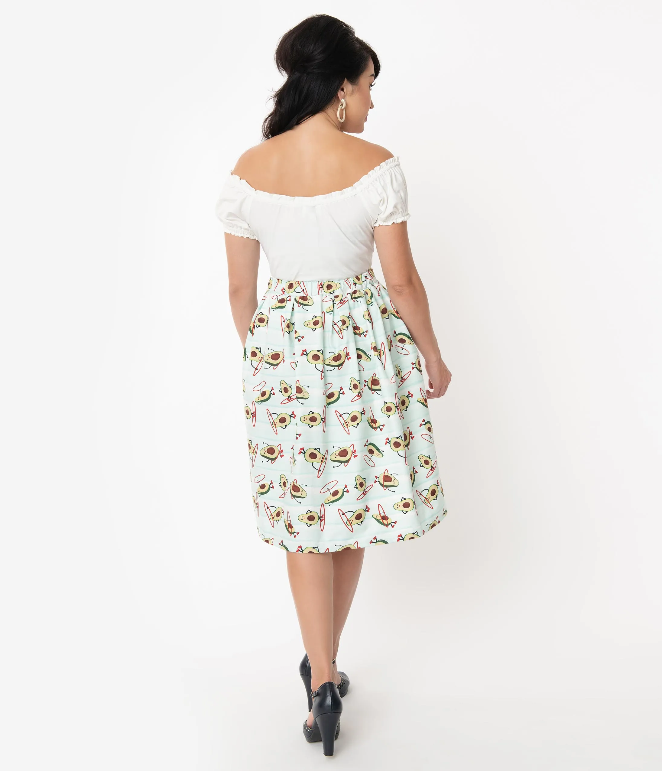 Unique Vintage Mint Avocado Print Pleated Jayne Swing Skirt