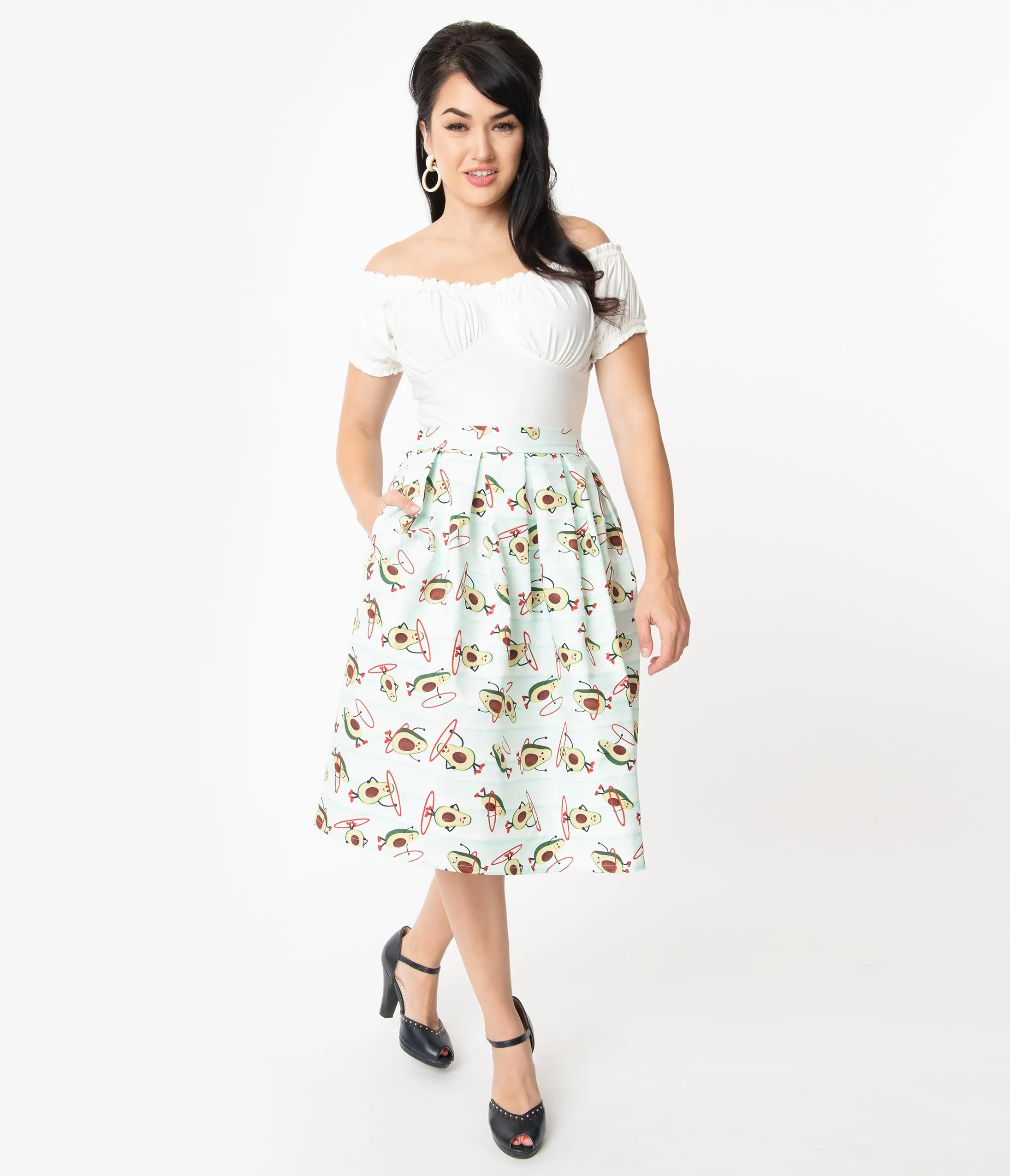 Unique Vintage Mint Avocado Print Pleated Jayne Swing Skirt