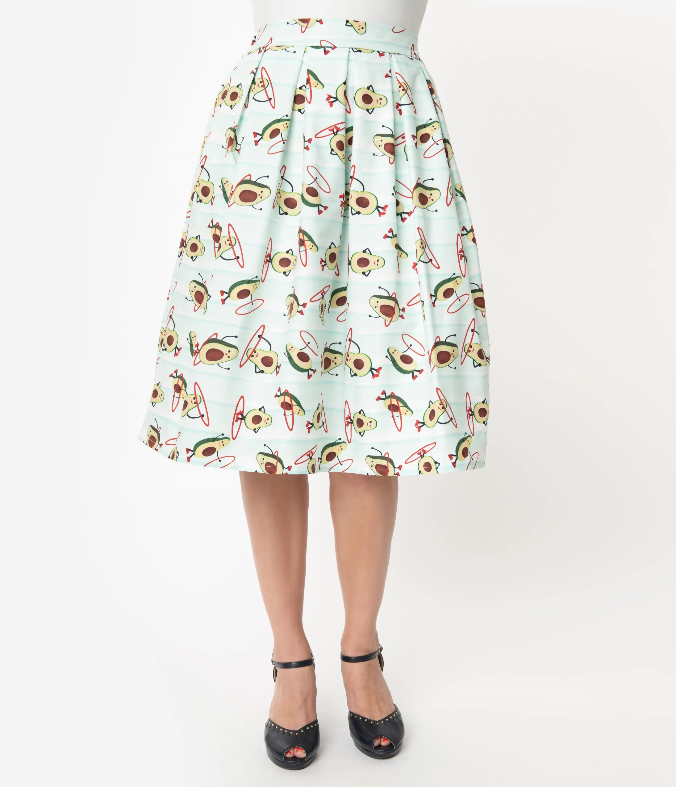 Unique Vintage Mint Avocado Print Pleated Jayne Swing Skirt