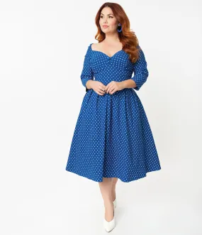 Unique Vintage   Pantone Plus Size Classic Blue & White Pin Dot Lamar Swing Dress