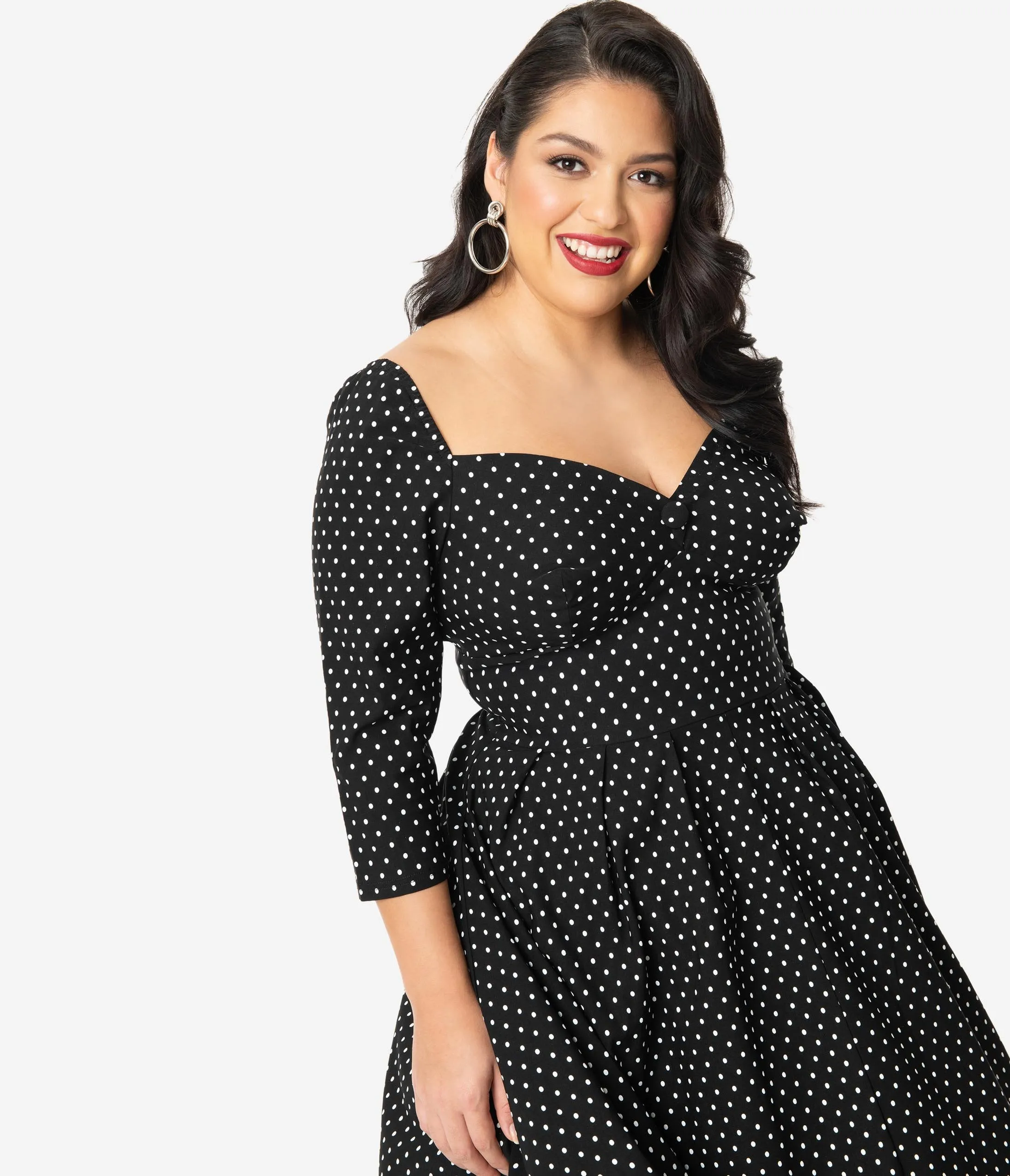 Unique Vintage Plus Size 1950s Black & White Pin Dot Sweetheart Lamar Swing Dress