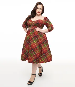 Unique Vintage Plus Size 1950s Burnt Orange & Green Plaid Lamar Swing Dress