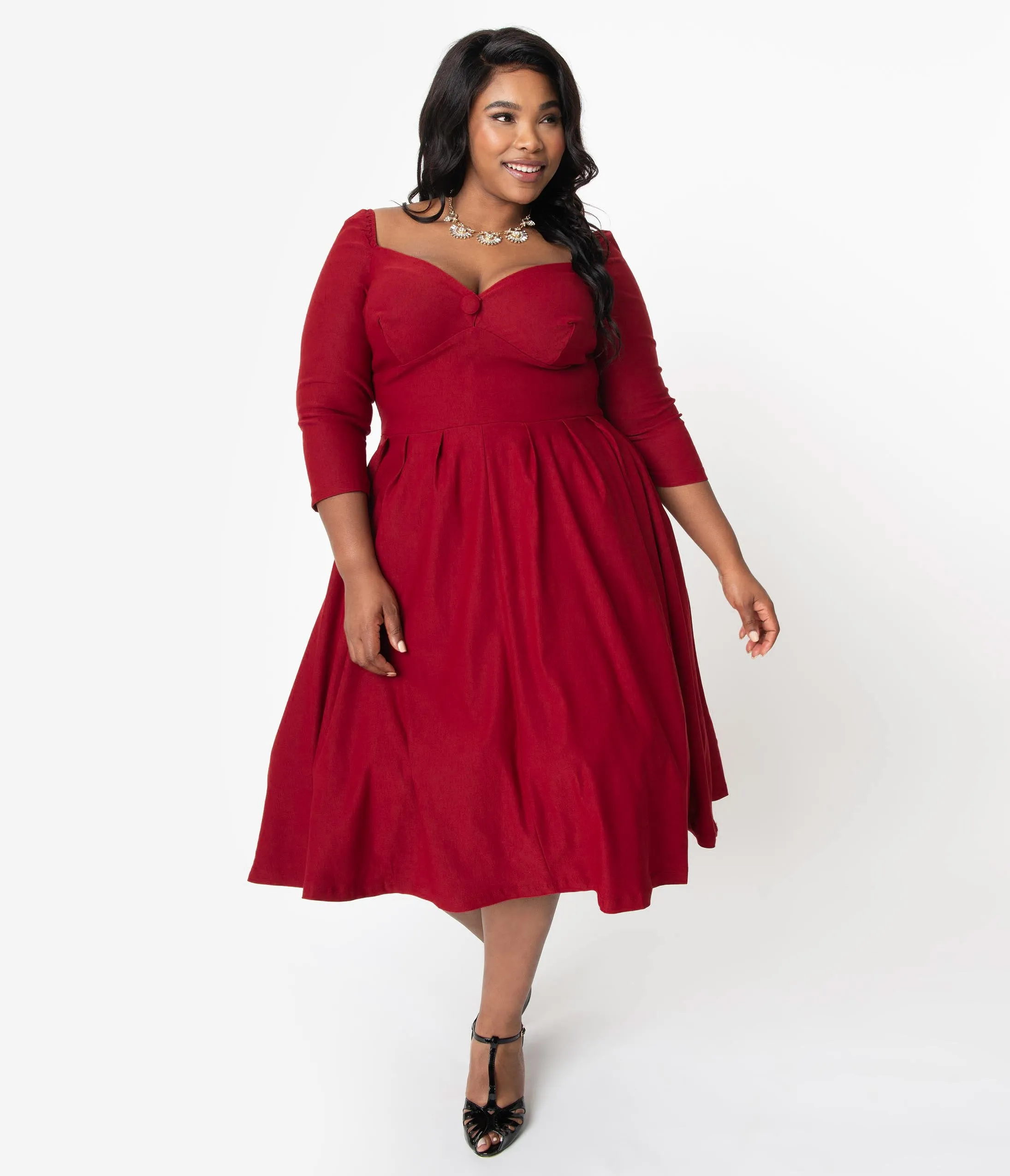 Unique Vintage Plus Size 1950s Deep Red Bengaline Sweetheart Lamar Swing Dress