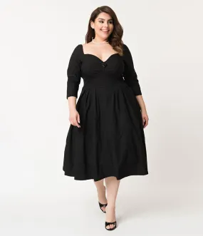 Unique Vintage Plus Size 1950s Style Black Bengaline Sweetheart Lamar Swing Dress