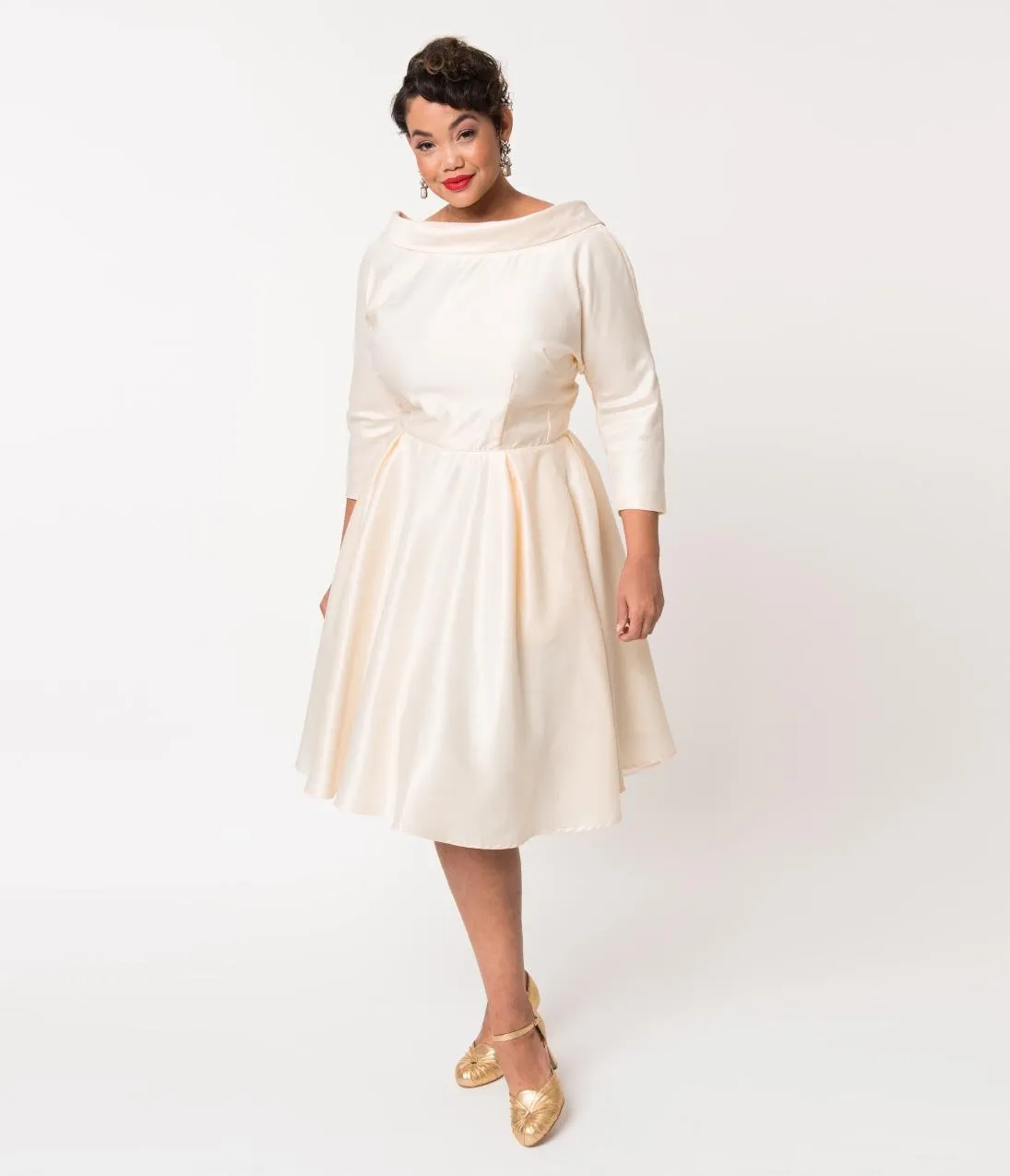 Unique Vintage Plus Size 1950s Style Cream Satin Sleeved Lana Bridal Dress