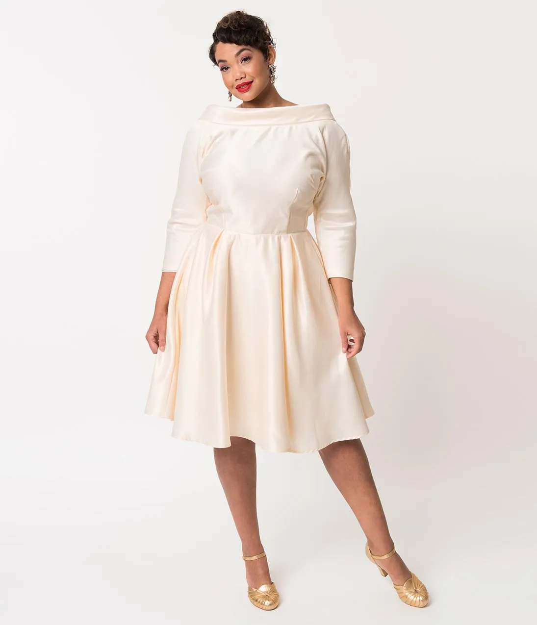 Unique Vintage Plus Size 1950s Style Cream Satin Sleeved Lana Bridal Dress