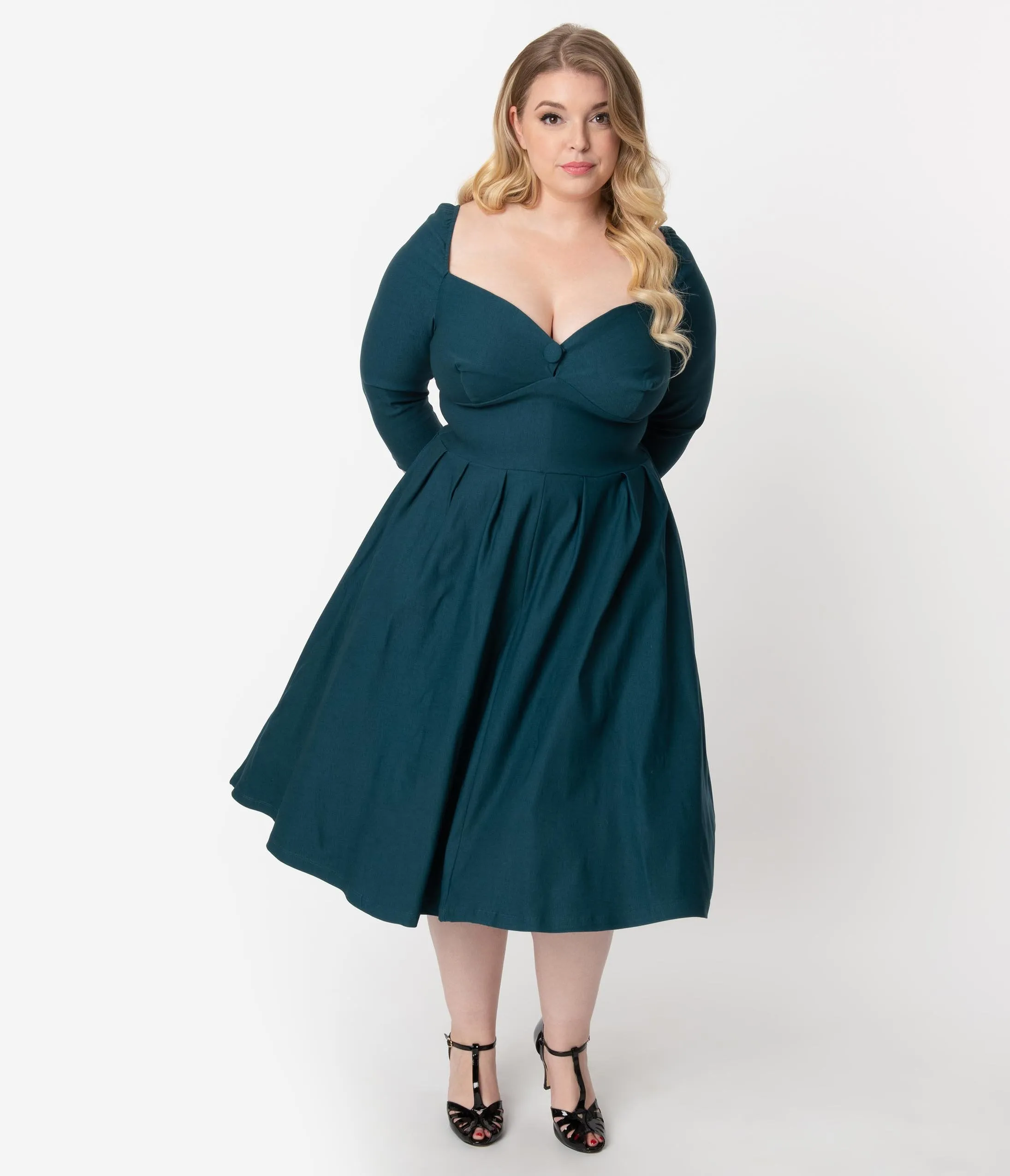 Unique Vintage Plus Size 1950s Style Dark Teal Bengaline Sweetheart Lamar Swing Dress