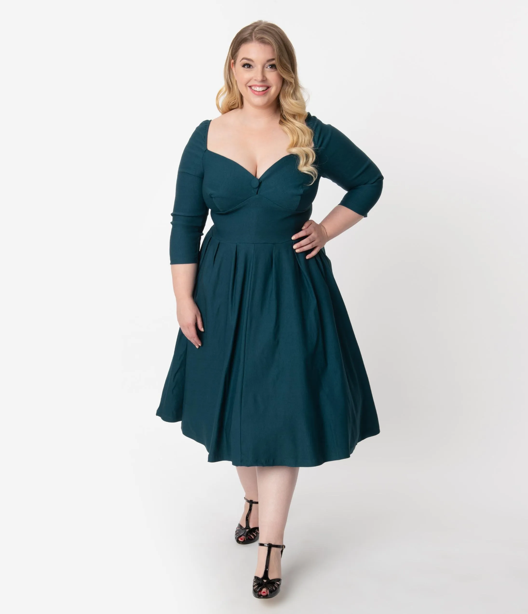 Unique Vintage Plus Size 1950s Style Dark Teal Bengaline Sweetheart Lamar Swing Dress