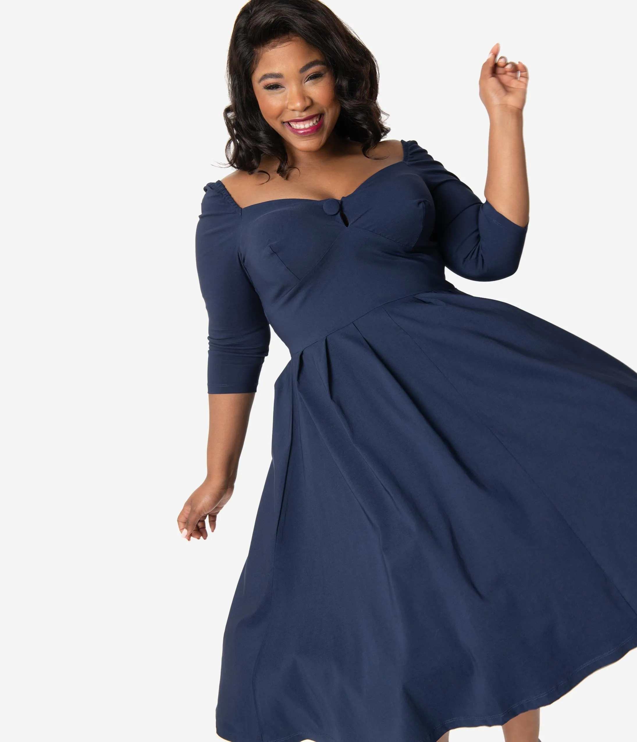 Unique Vintage Plus Size 1950s Style Navy Sweetheart Lamar Swing Dress