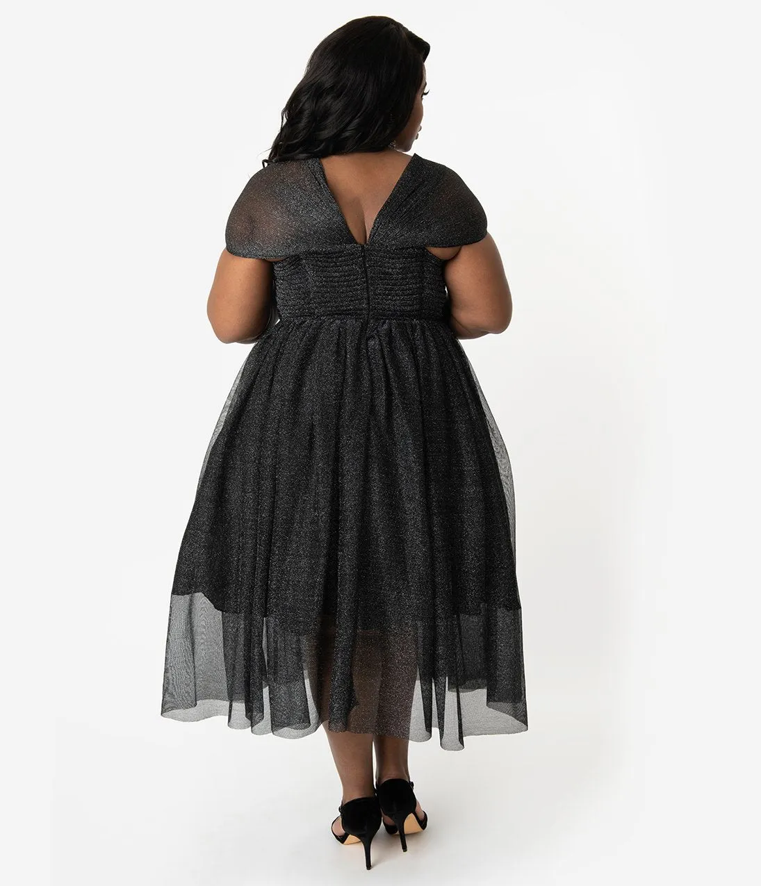 Unique Vintage Plus Size Black & Silver Glitter Garden State Mesh Cocktail Dress