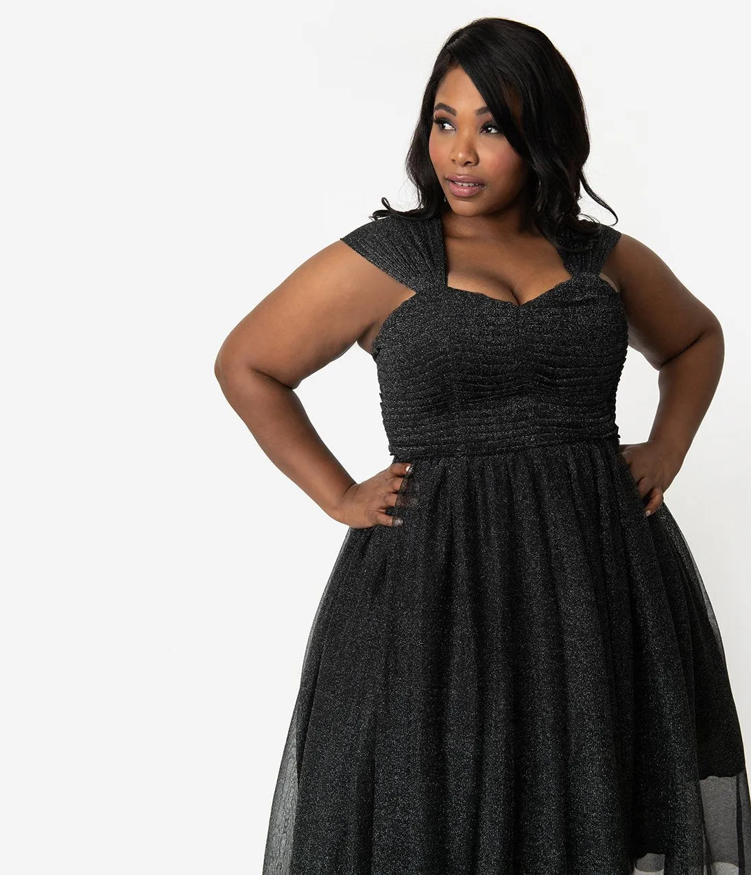 Unique Vintage Plus Size Black & Silver Glitter Garden State Mesh Cocktail Dress