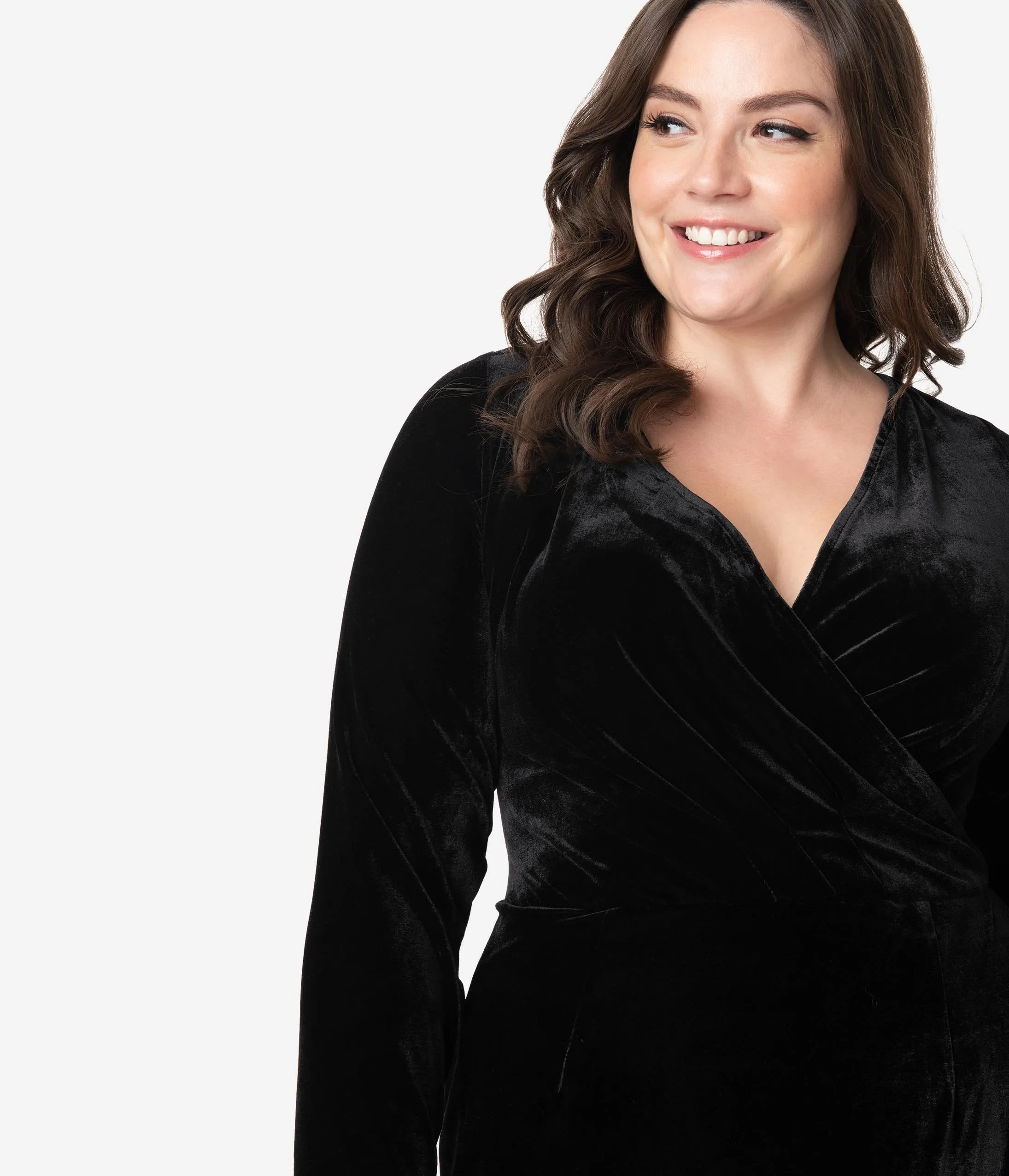 Unique Vintage Plus Size Black Velvet Sleeved Warner Faux Wrap Dress