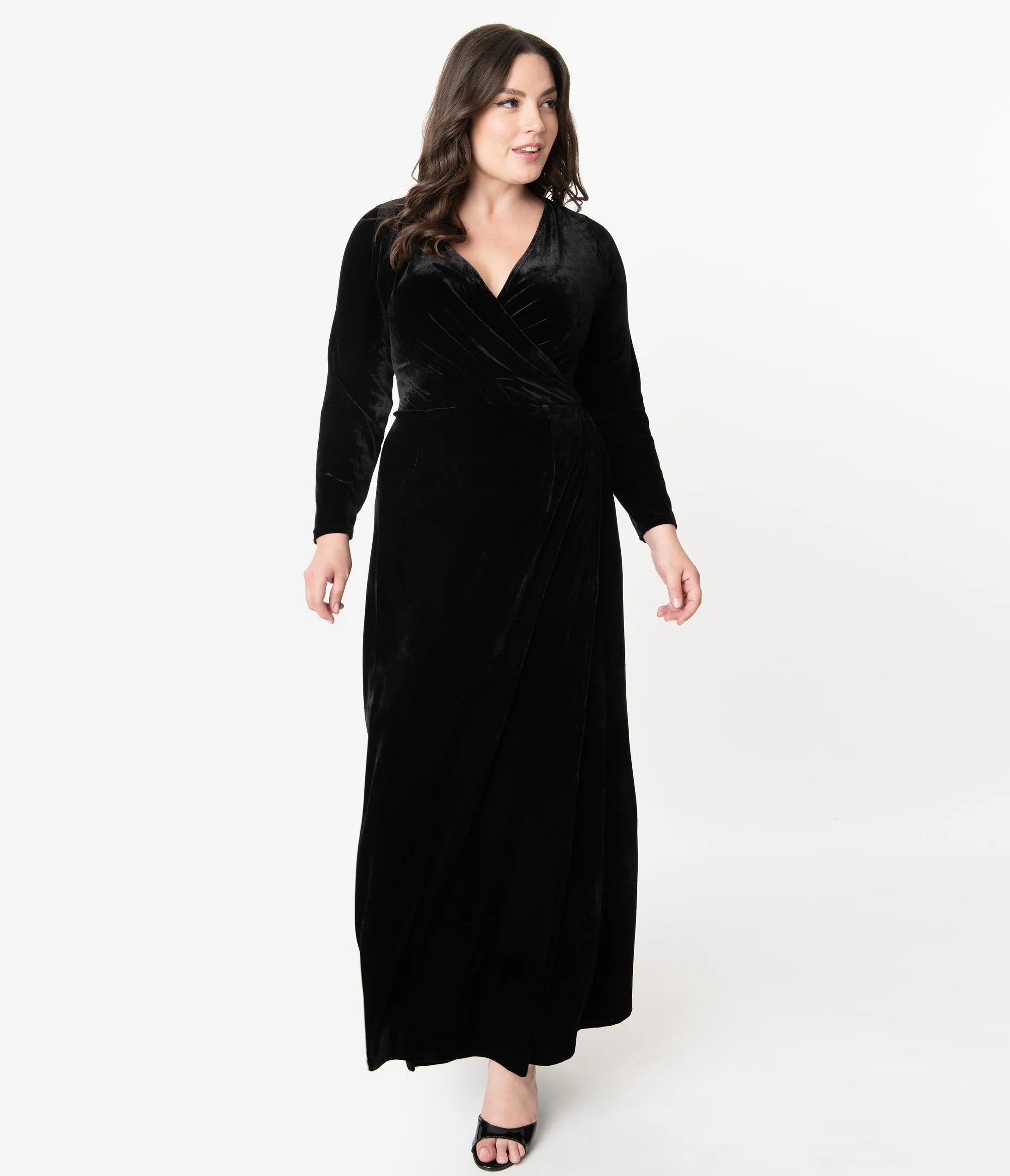 Unique Vintage Plus Size Black Velvet Sleeved Warner Faux Wrap Dress