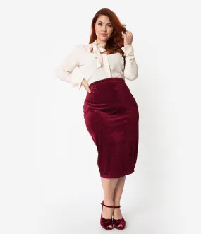 Unique Vintage Plus Size Burgundy Embossed Velvet High Waist Tracy Wiggle Skirt