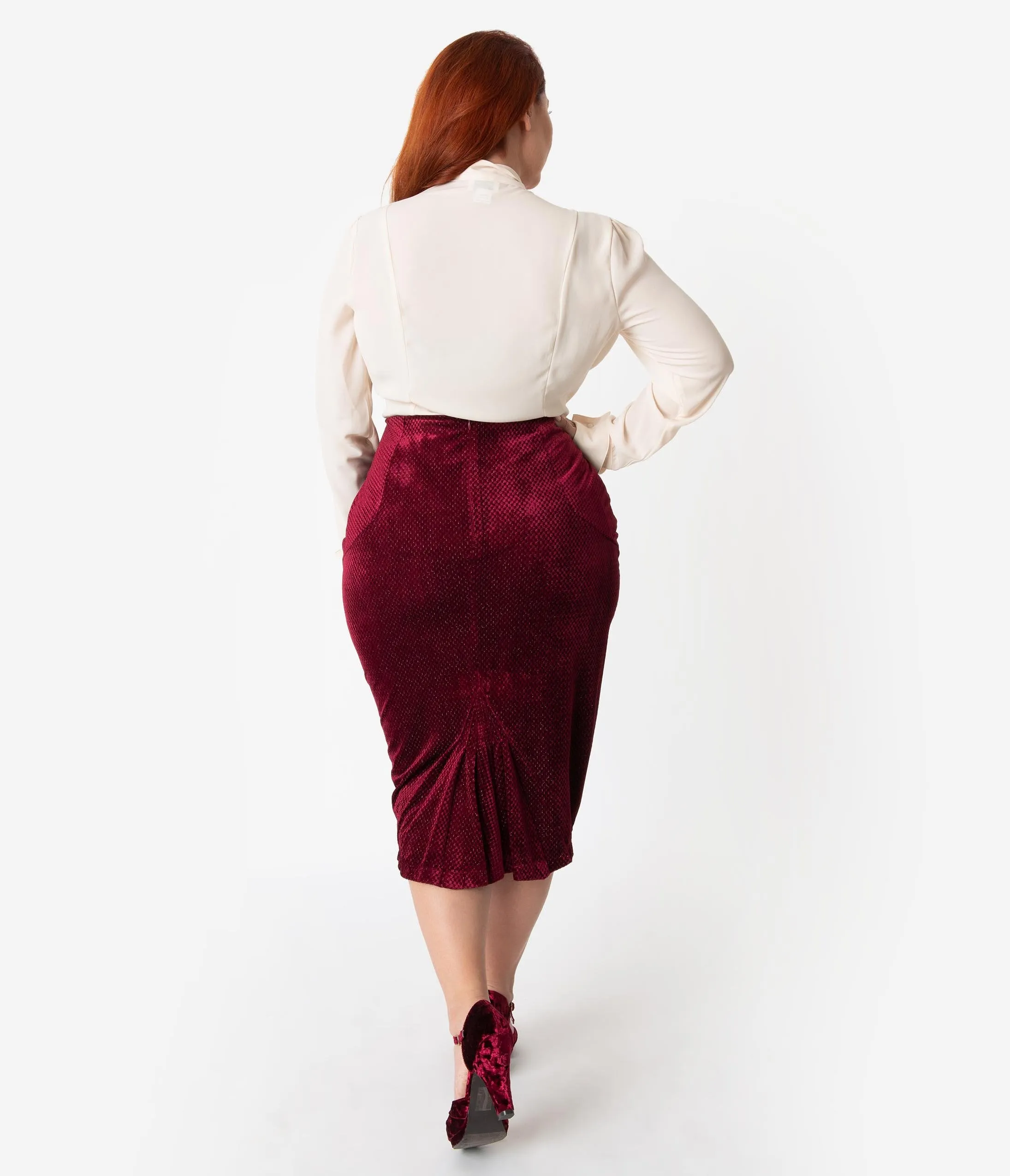 Unique Vintage Plus Size Burgundy Embossed Velvet High Waist Tracy Wiggle Skirt