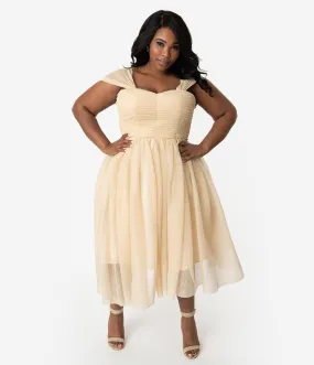 Unique Vintage Plus Size Champagne & Gold Glitter Garden State Mesh Cocktail Dress