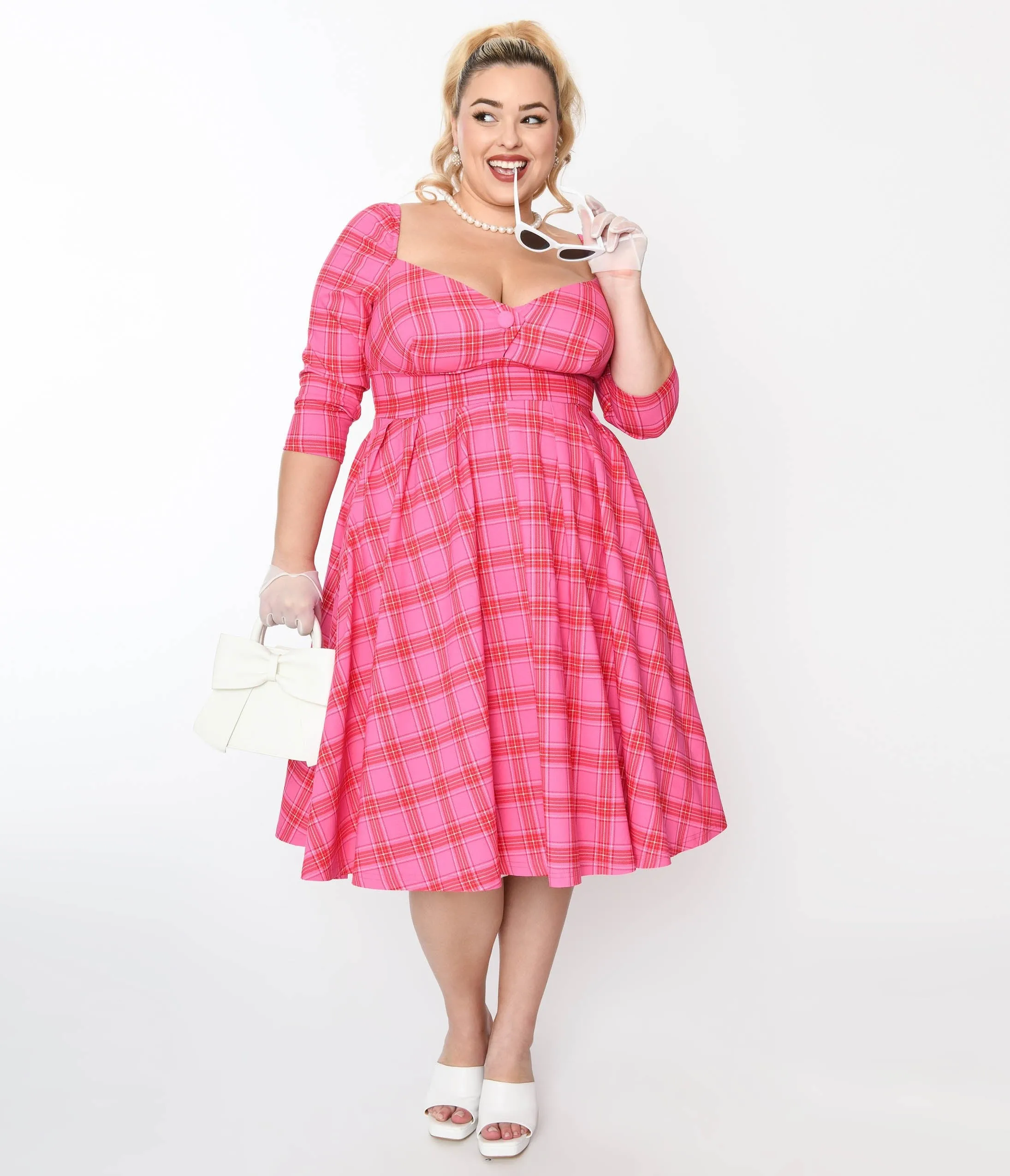 Unique Vintage Plus Size Pink & Red Plaid Lamar Swing Dress