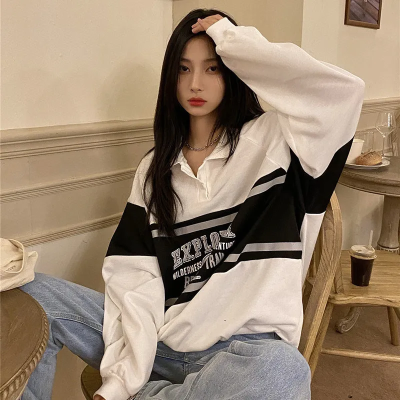 Uniwim masc outfits American Retro Polo Sweater Women's Spring and Autumn Thin Loose BF Lazy Oversize Long Sleeve Top Ins Fashion