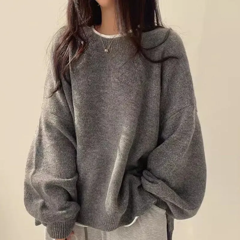 Uniwim olivia rodrigo costume Chic Autumn and Winter French Style Lazy round Neck Side Slit Loose Casual All-Match Long Sleeve Warm Knitted Sweater