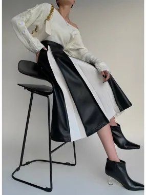 Vegan Leather Matching Pleated Midi Skirt - Black & White