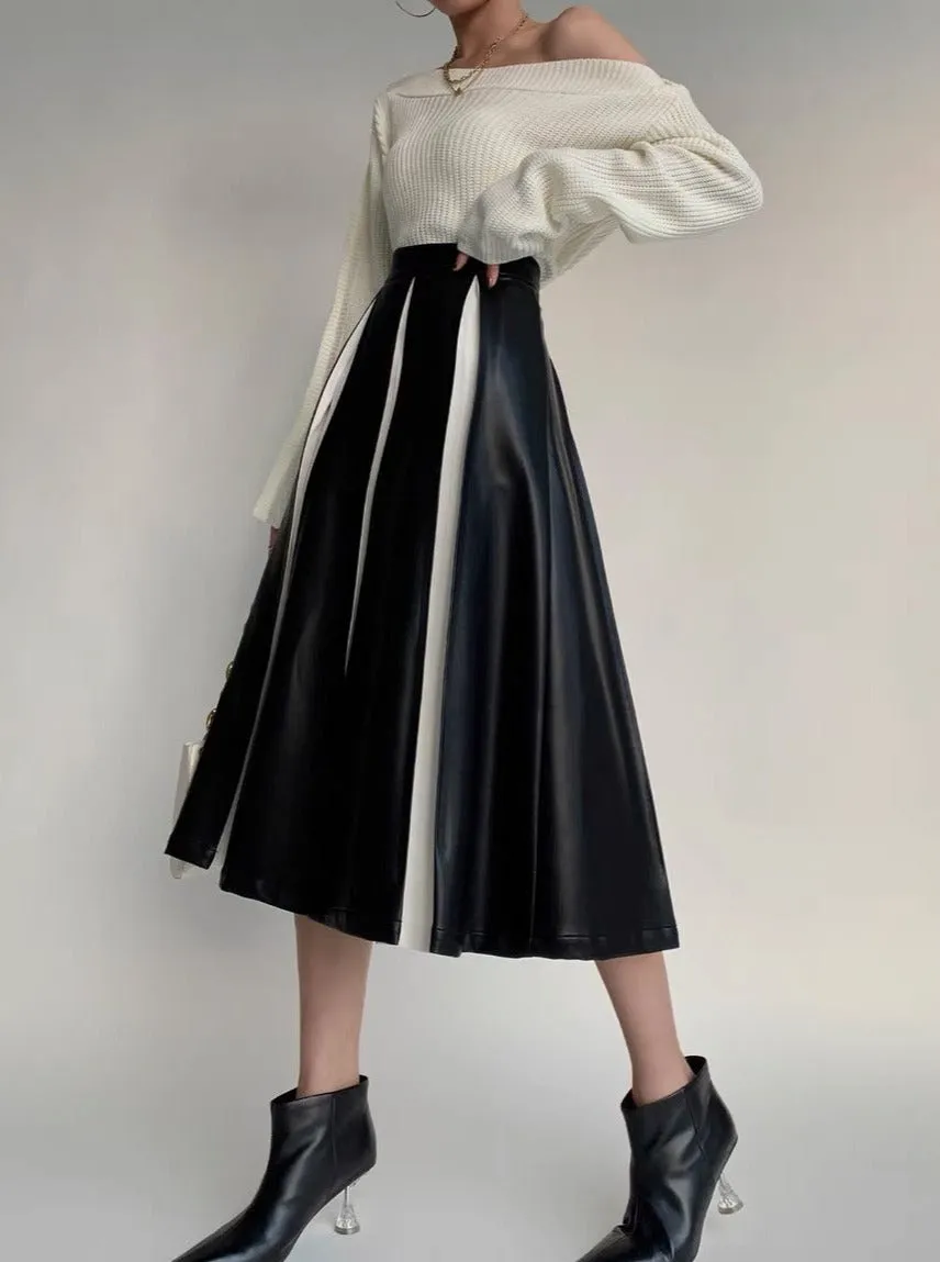 Vegan Leather Matching Pleated Midi Skirt - Black & White