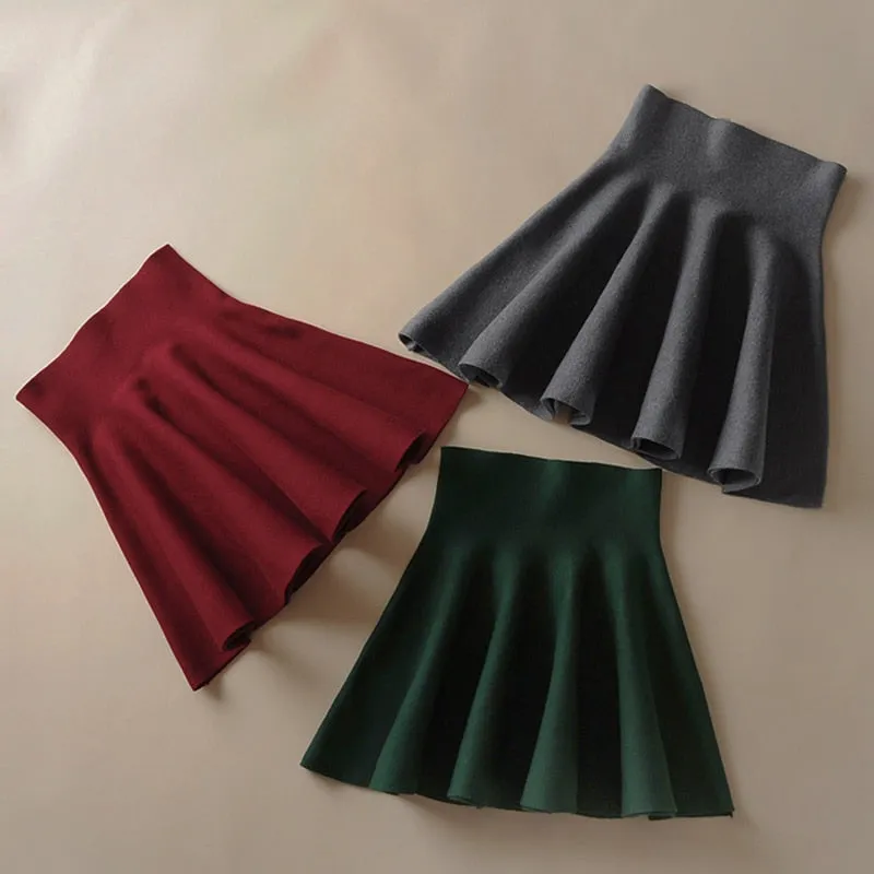 VenusFox Pleated High Waist Bottom Knitted Umbrella A-line Skirt