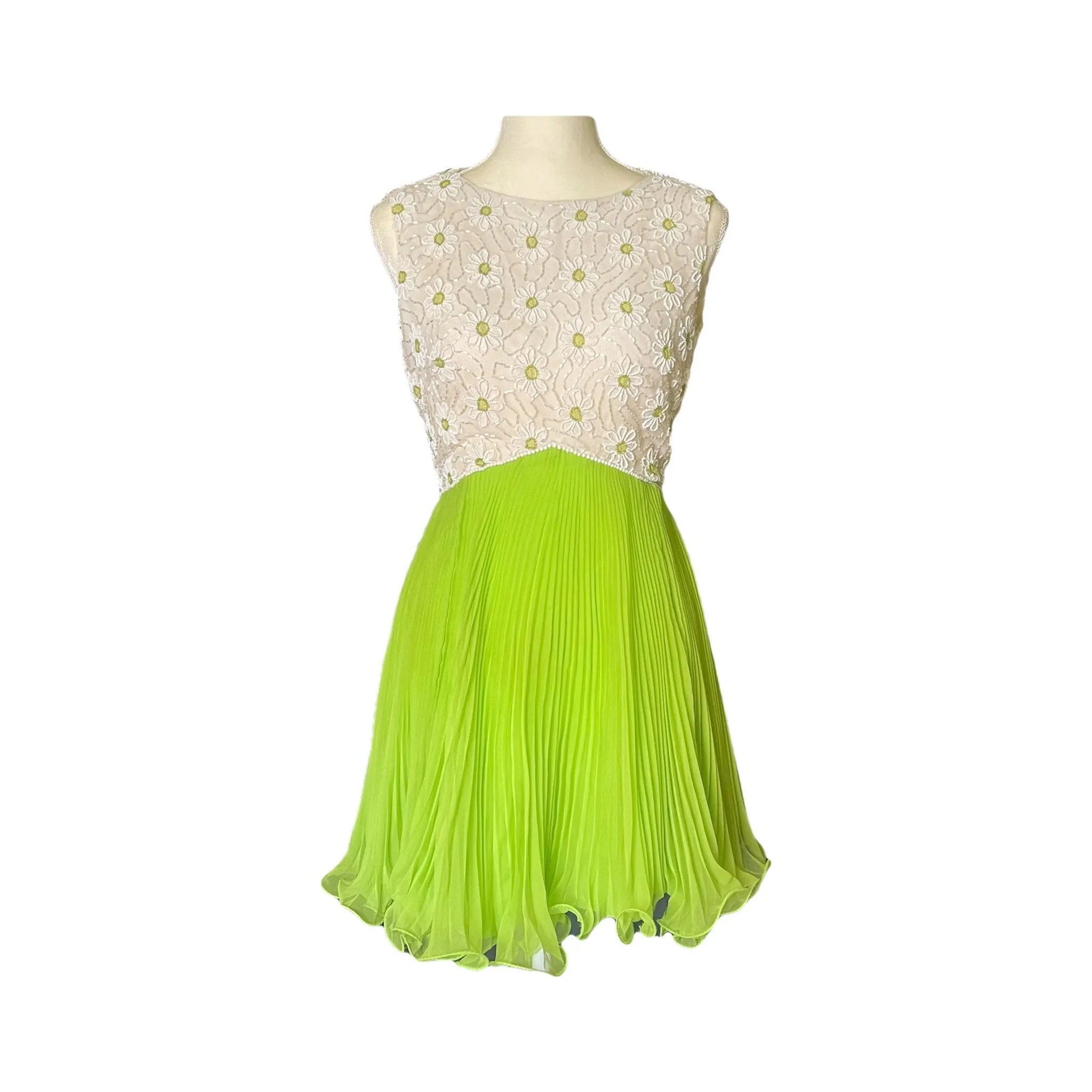 Vintage Elegant Green Chiffon Dress by Miss Elliette. Daisy Flower Beaded Bodice. Micro Pleated Skirt.