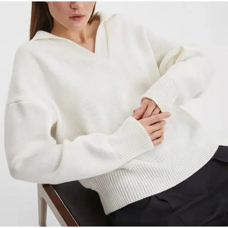 Wenkouban-Christmas Thanksgiving outfits_Chic Polo Collar Casual Oversized Solid Color Knitted Christmas Sweater