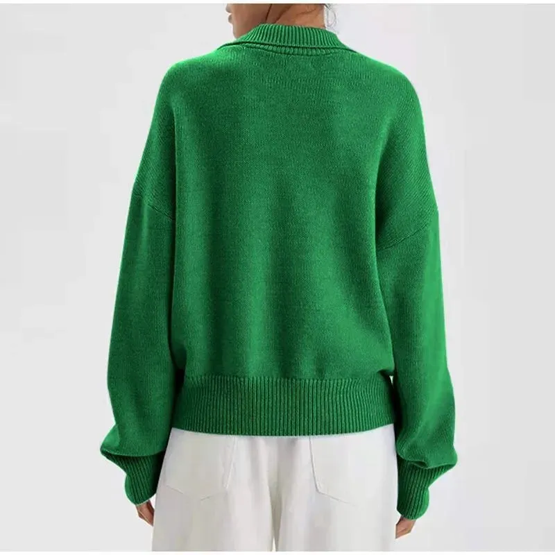 Wenkouban-Christmas Thanksgiving outfits_Chic Polo Collar Casual Oversized Solid Color Knitted Christmas Sweater