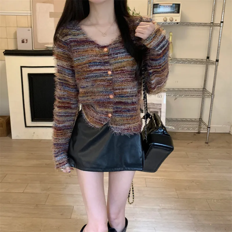 Wenkouban fall outfits aesthetic Retro Striped Square Collar Fur Soft Glutinous Sweater Cardigan Coat Women's Spring and Autumn Loose Lazy Style Short Knitted Top