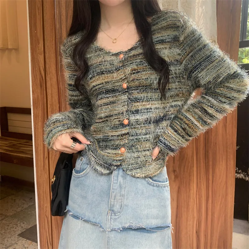 Wenkouban fall outfits aesthetic Retro Striped Square Collar Fur Soft Glutinous Sweater Cardigan Coat Women's Spring and Autumn Loose Lazy Style Short Knitted Top