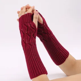 Winter Men and Women Knitted Jacquard Leaves Cycling Warm Fingerless Wool Gloves(Jujube)