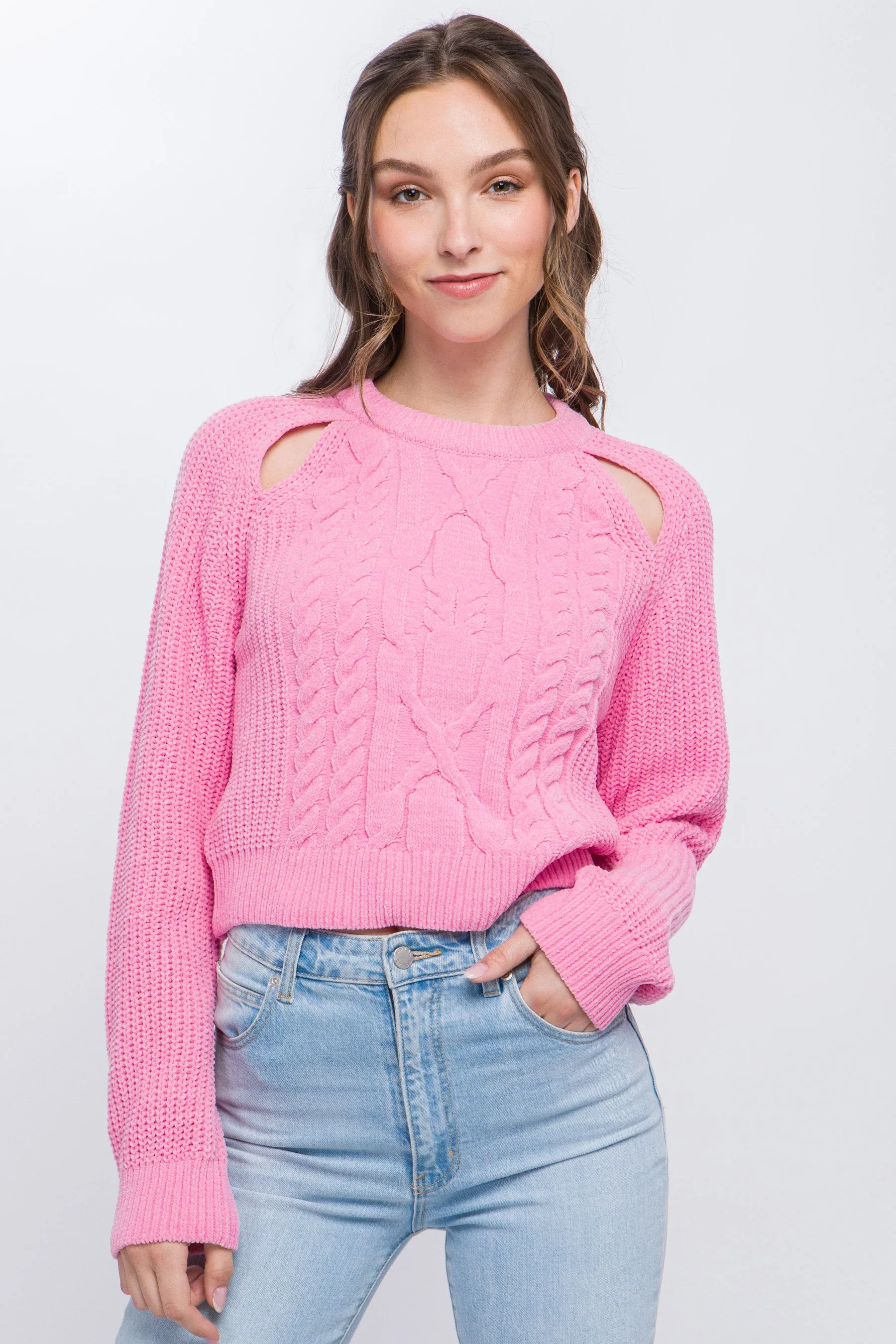 Women's Knit Pullover Sweater With Cold Shoulder Detail - 4 colors