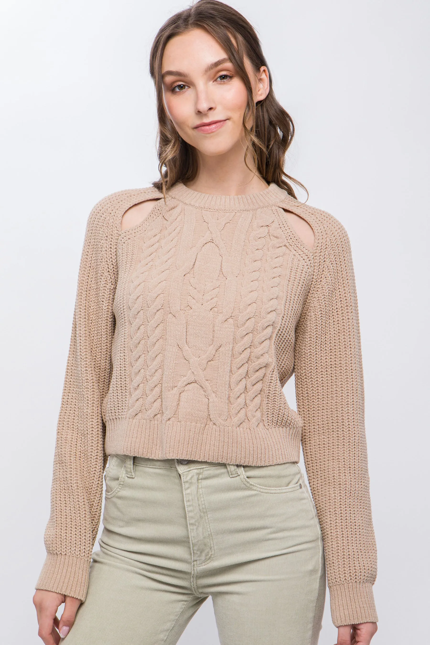 Women's Knit Pullover Sweater With Cold Shoulder Detail - 4 colors