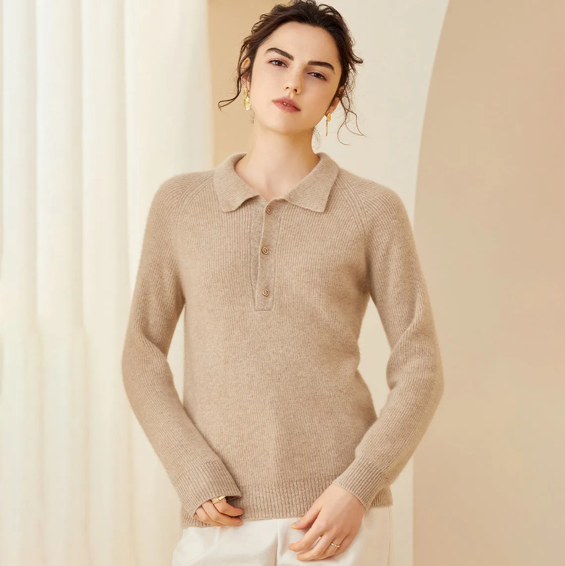 Women's Polo Neck Cashmere Sweater Spring Long Sleeve Cashmere Sweater