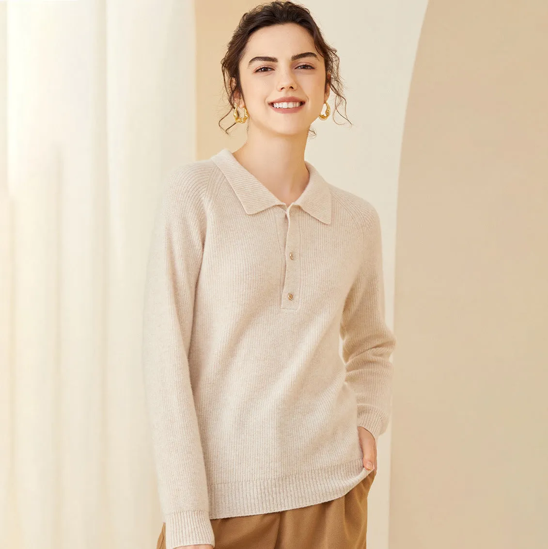 Women's Polo Neck Cashmere Sweater Spring Long Sleeve Cashmere Sweater