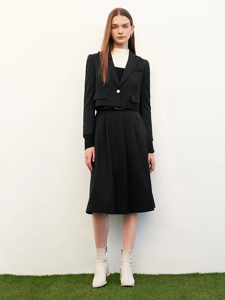 Wool Crop Blazer And Pleated Half Skirt Two-Piece Suit