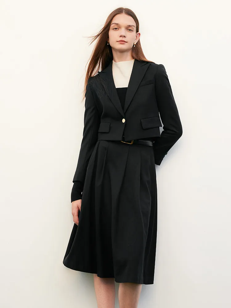 Wool Crop Blazer And Pleated Half Skirt Two-Piece Suit